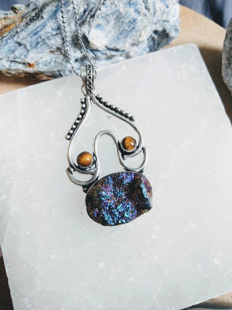 Titanium quartz and tigers eye necklace pendant with tigers eye 925 crystal healing natural stone