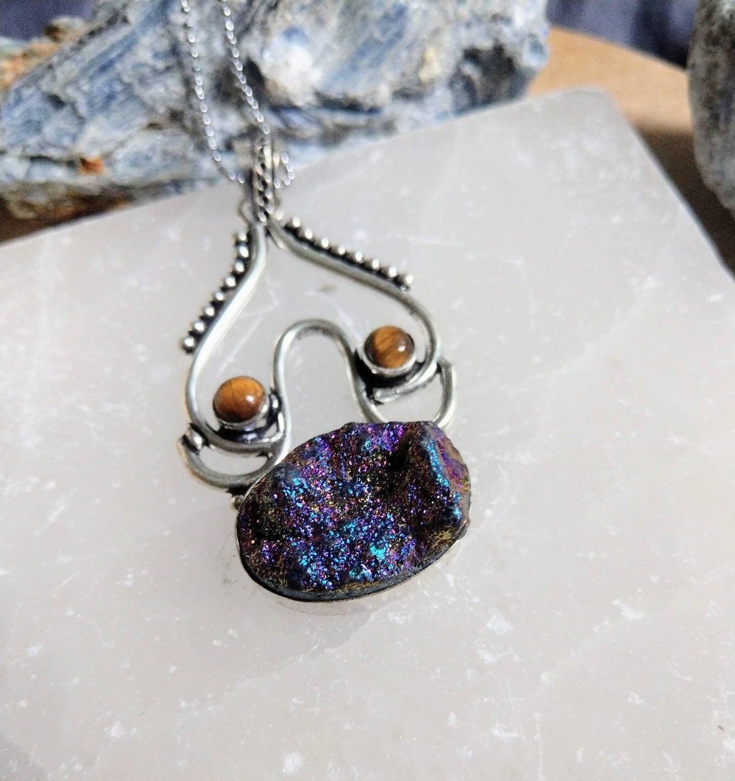 Titanium quartz and tigers eye necklace pendant with tigers eye 925 crystal healing natural stone