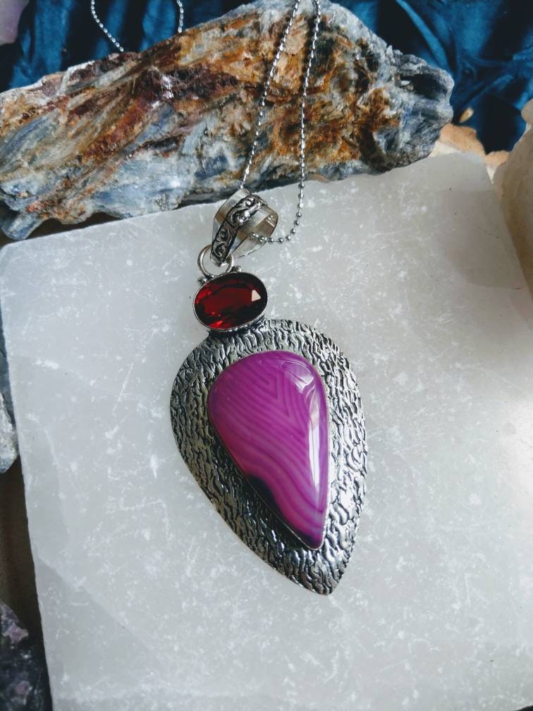 Botswana agate and red garnet pendant necklace 925 silver, crystal healing natural stone jewelry