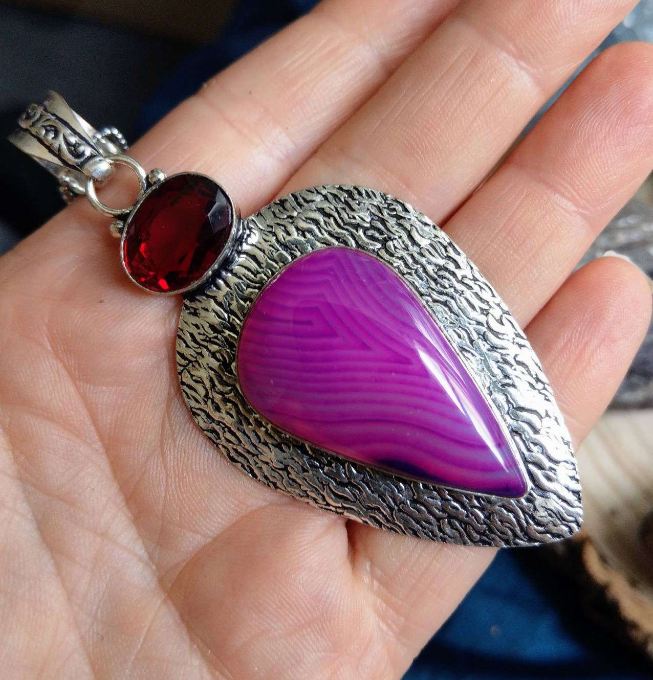 Botswana agate and red garnet pendant necklace 925 silver, crystal healing natural stone jewelry