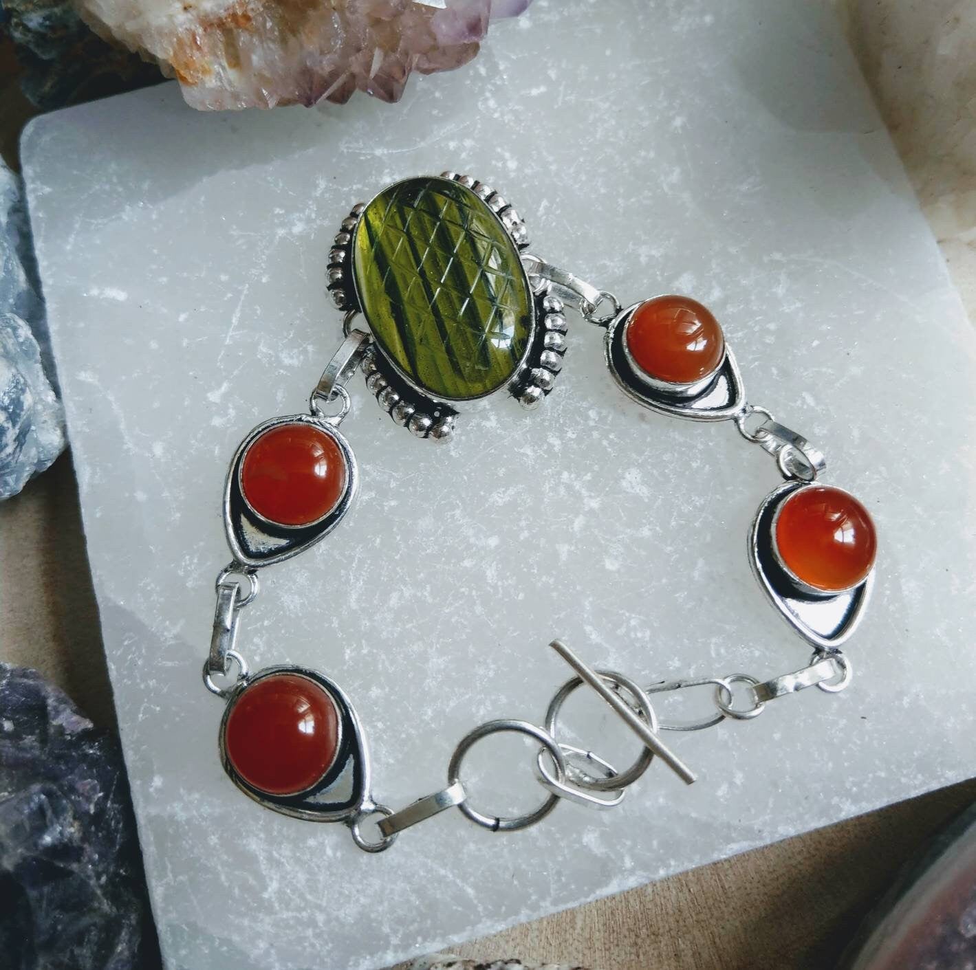 Dichroic glass and carnelian bracelet in 925 silver crystal healing witchy jewelry