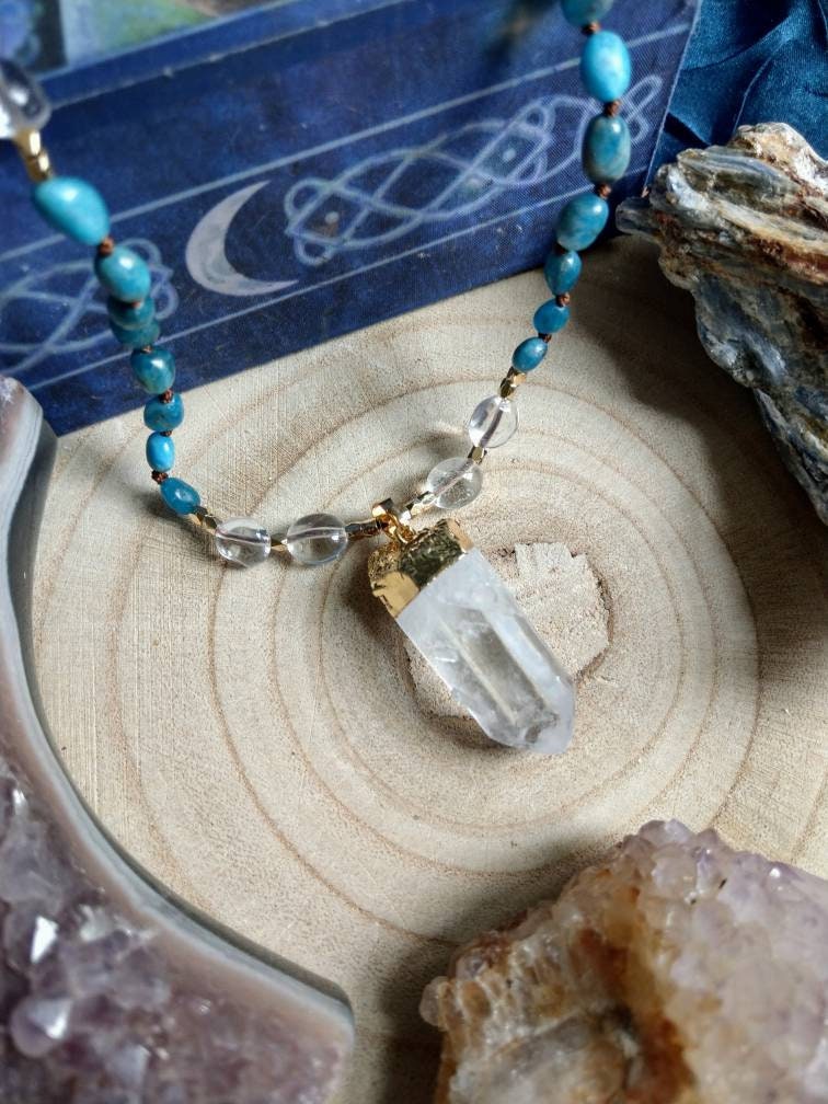 Apatite necklace with clear quartz point pendant, long knotted bead Crystal healing natural stone witchy jewellery gift for him or her