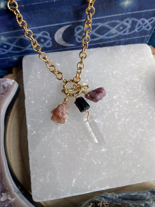 Mixed tourmaline  and clear quartz necklace Crystal healing natursl stone