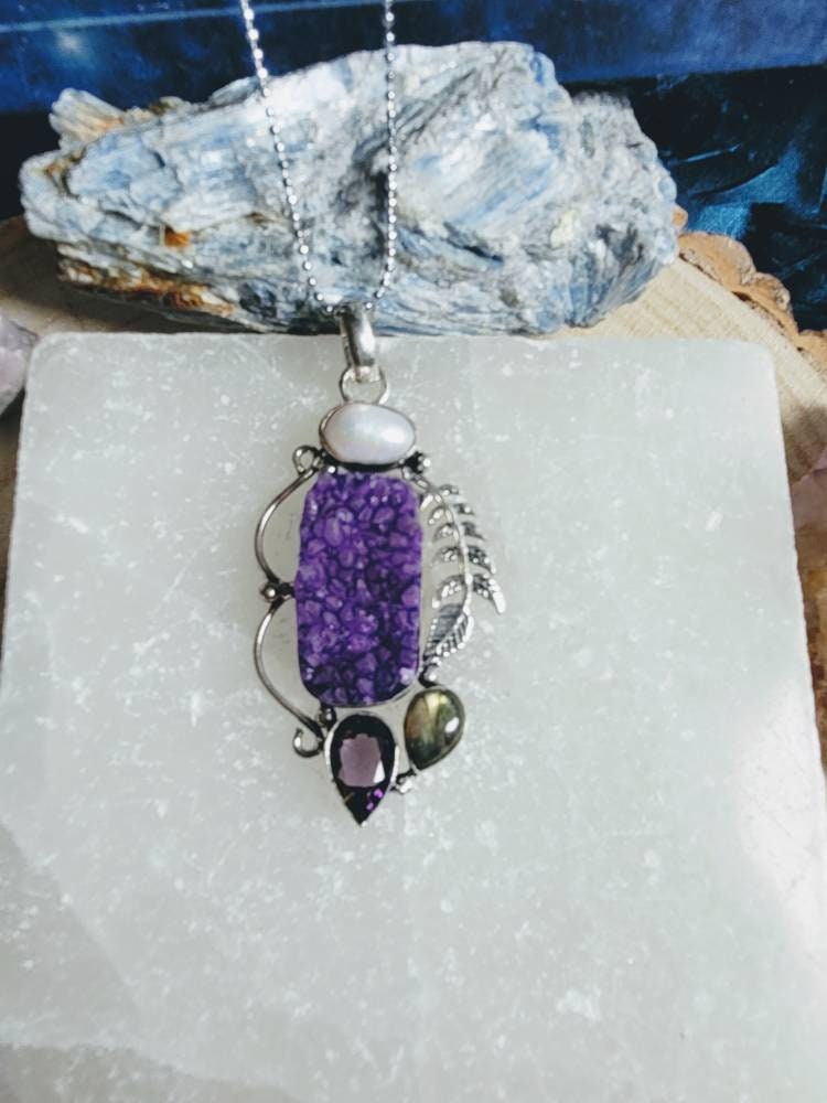 Druzy agate pearl amethyst and labradorite pendant necklace 925 silver crystal healing jewellery witchy jewelry gift for her