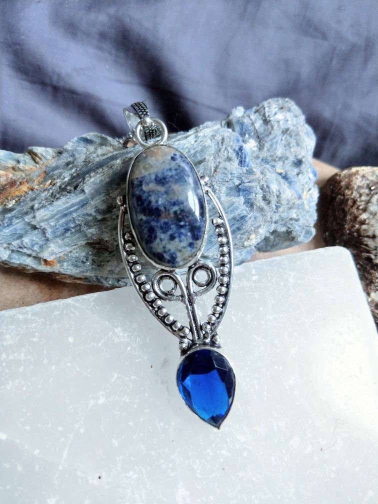 sodalite necklace with blue topaz pendant in 925 silver, crystal healing natural stone  spiritual support