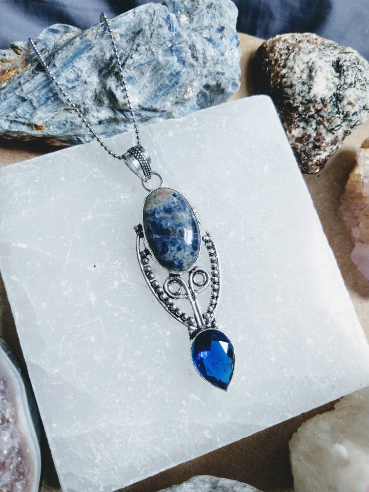 sodalite necklace with blue topaz pendant in 925 silver, crystal healing natural stone  spiritual support