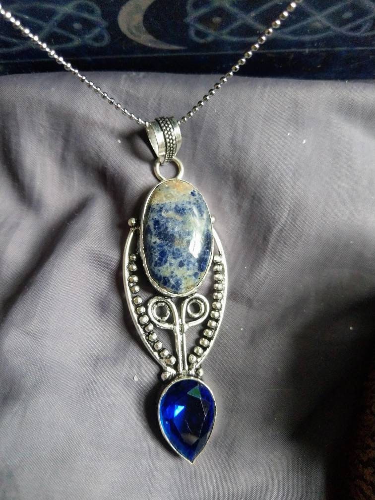 sodalite necklace with blue topaz pendant in 925 silver, crystal healing natural stone  spiritual support