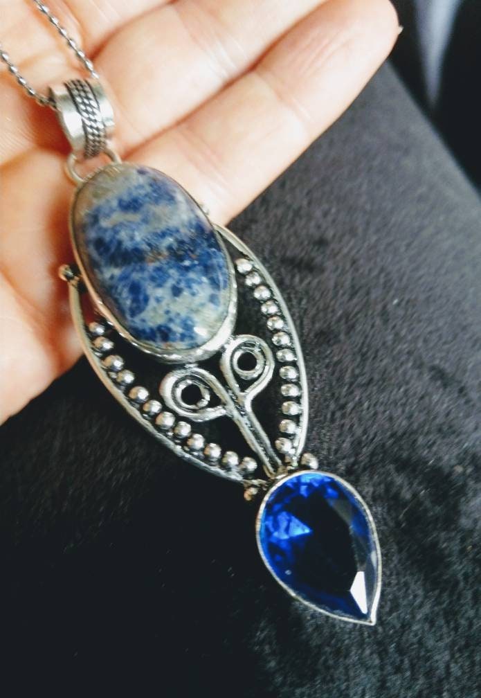 sodalite necklace with blue topaz pendant in 925 silver, crystal healing natural stone  spiritual support