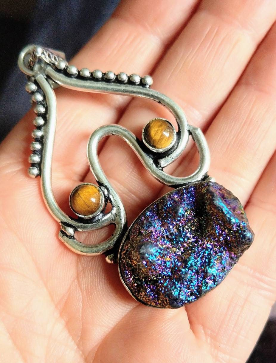 Titanium quartz and tigers eye necklace pendant with tigers eye 925 crystal healing natural stone