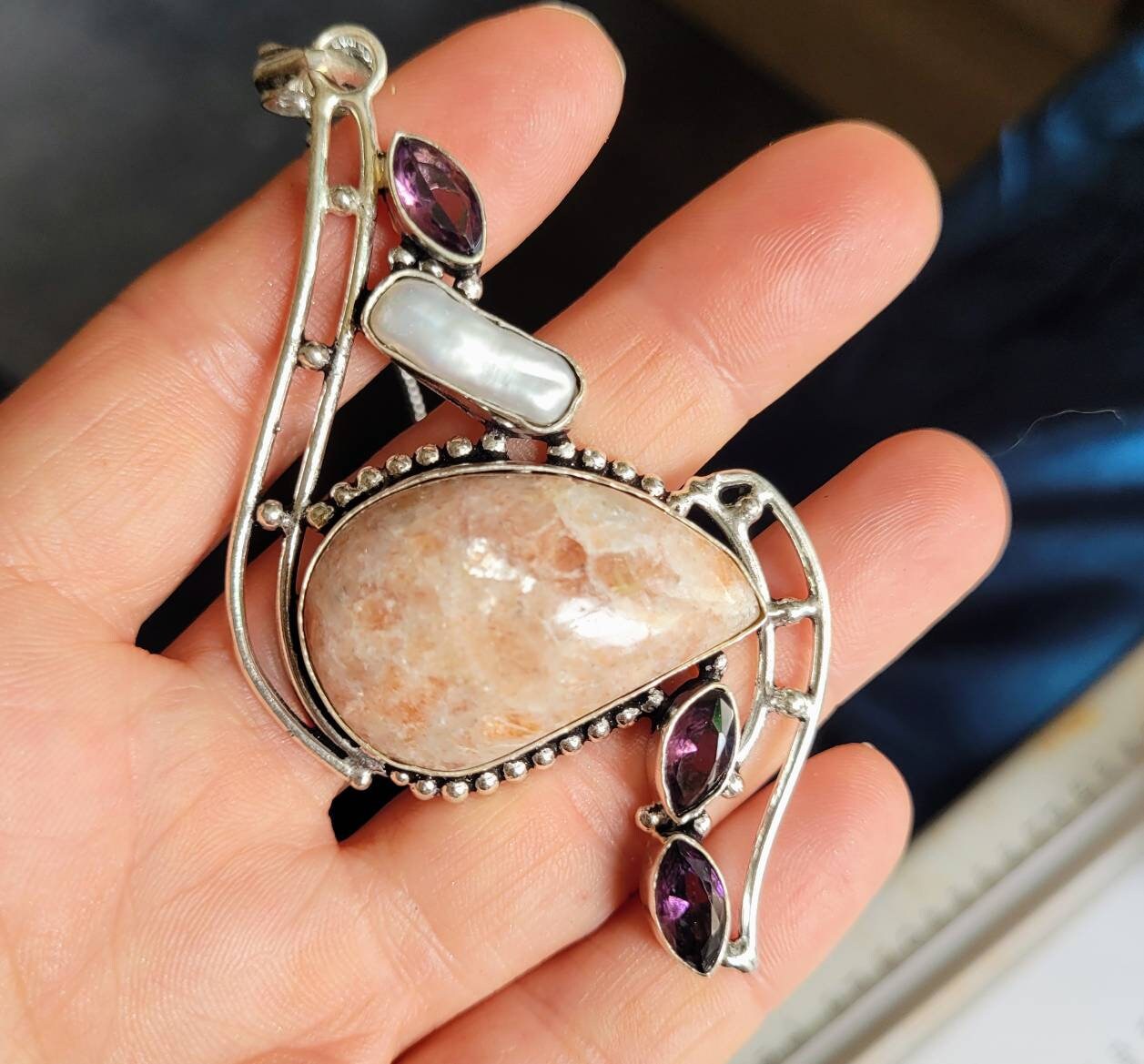 sunstone necklace with pearl and amethyst in 925 silver pendant eases encourages positivity