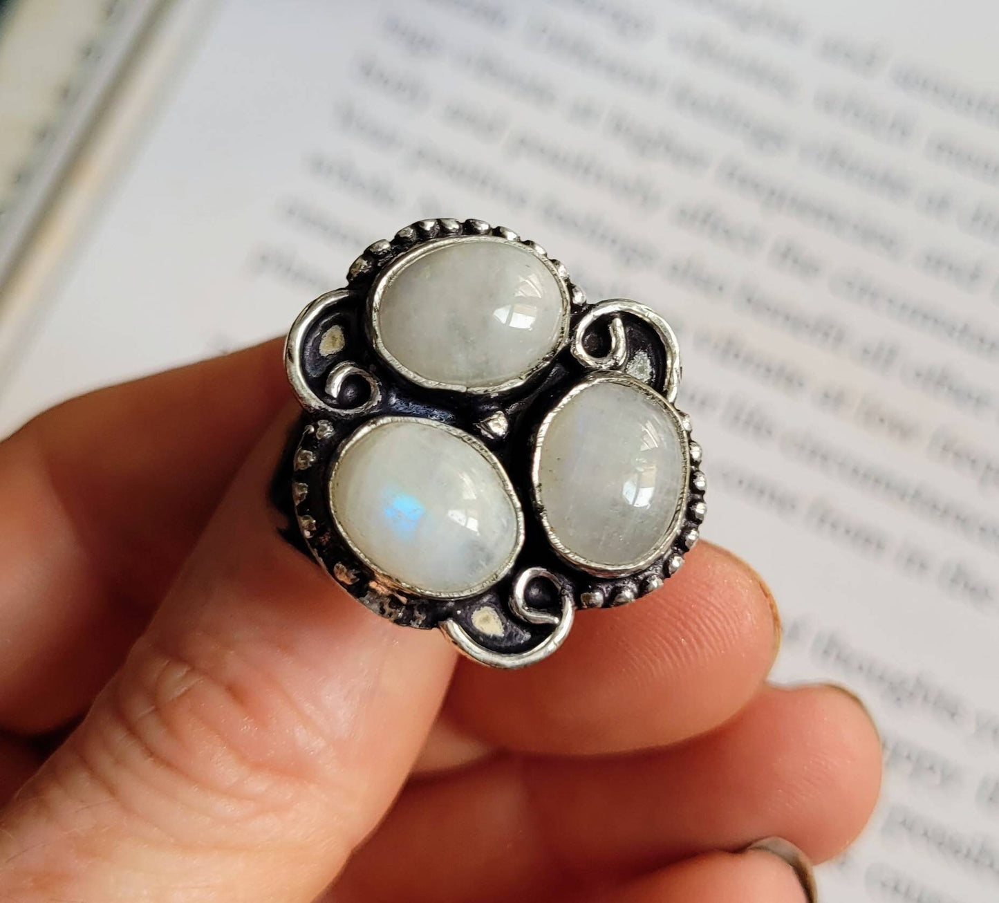 rainbow moonstone ring size 7/N1/2 925 silver crystal healing natural stone