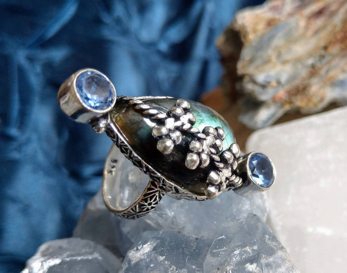 labradorite ring with blue topaz size 5.75/L magic shine stone encased in 925 silver crystal healing natural stone