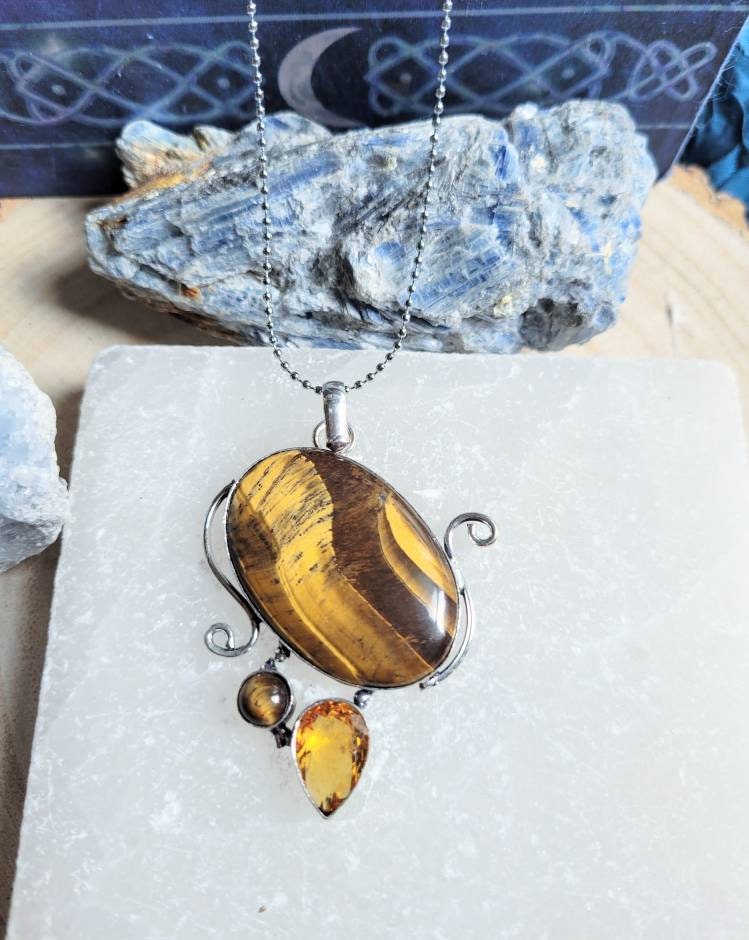 tigers eye necklace and citrine in 925 silver pendant spiritual support crystal healing natural stone gemstone jewelry