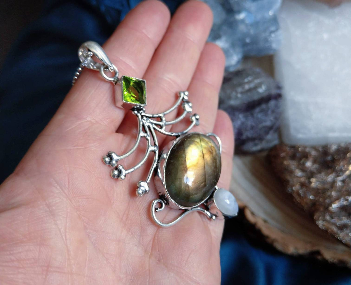 labradorite peridot and moonstone pendant necklace 925 silver crystal healing witchy jewellery for men or women gift for him or her