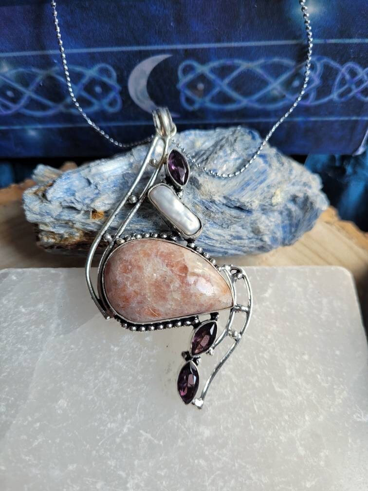 sunstone necklace with pearl and amethyst in 925 silver pendant eases encourages positivity