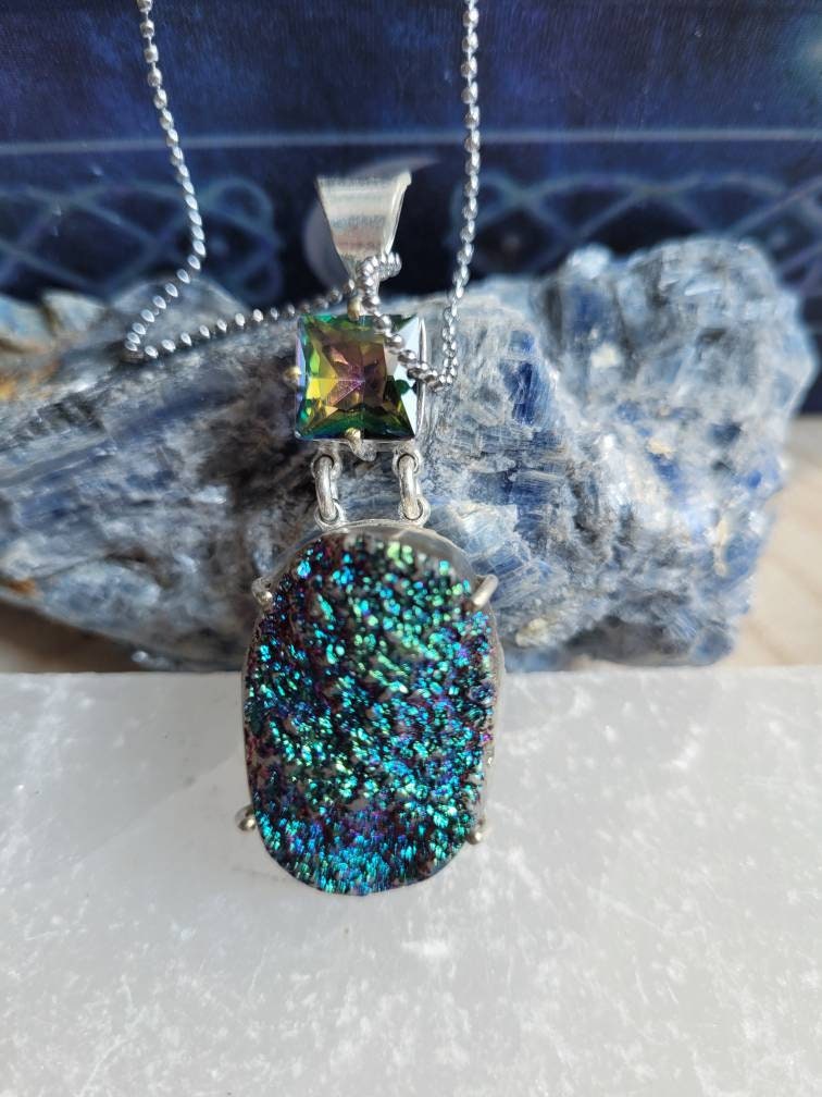 Titanium druzy necklace and mystic topaz in 925 pendant Raw Stone crystal healing natural gemstone