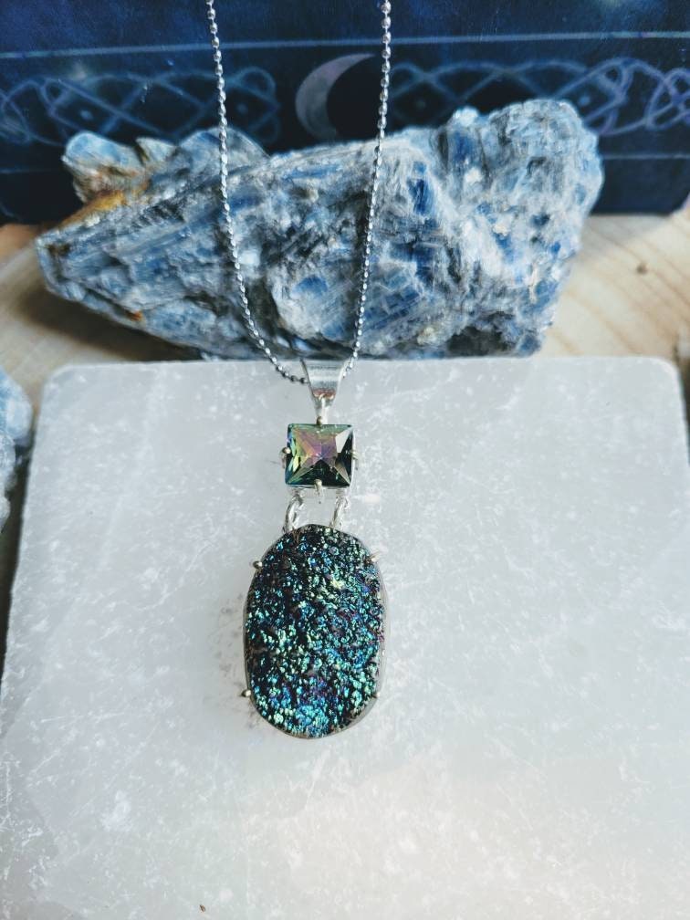 Titanium druzy necklace and mystic topaz in 925 pendant Raw Stone crystal healing natural gemstone