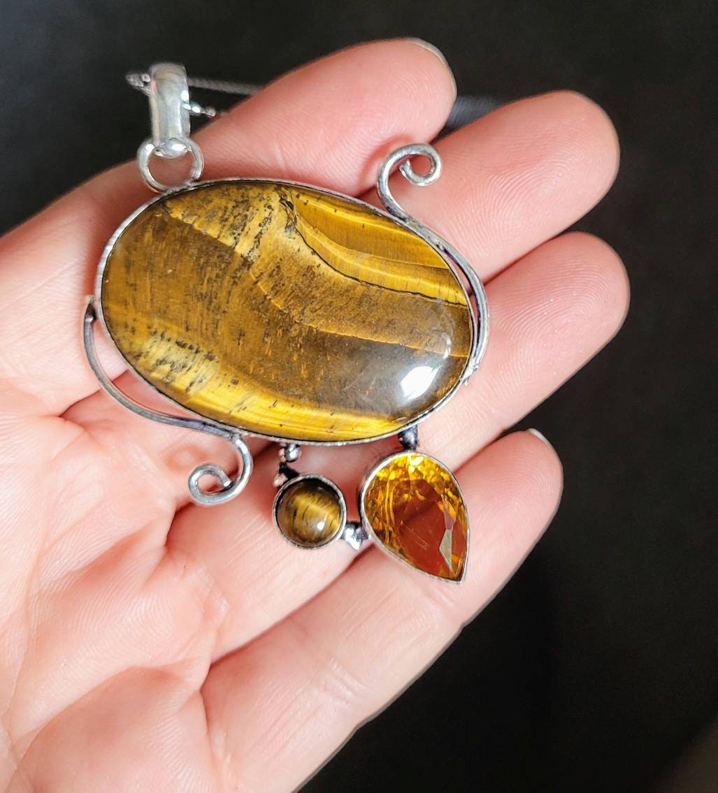 tigers eye necklace and citrine in 925 silver pendant spiritual support crystal healing natural stone gemstone jewelry