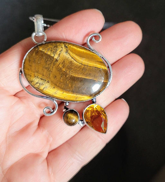 tigers eye necklace and citrine in 925 silver pendant spiritual support crystal healing natural stone gemstone jewelry