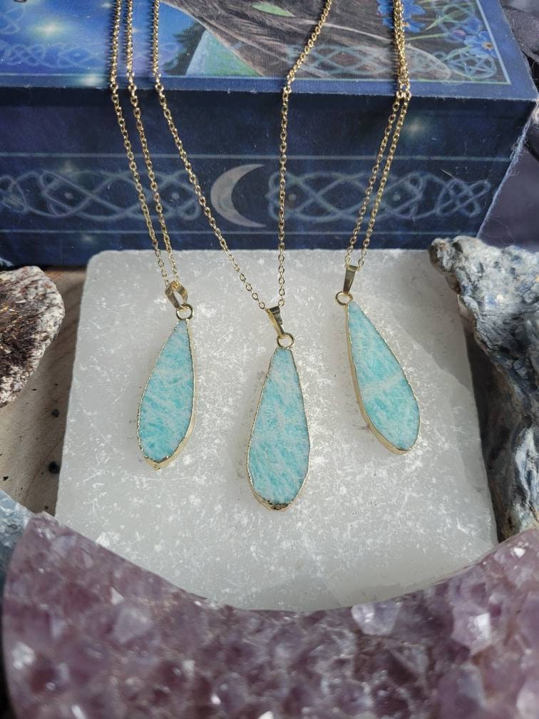 Amazonite necklace teardrop pendant Crystal healing jewellery gift for him or her jewelry for women or men heart and throat chakra