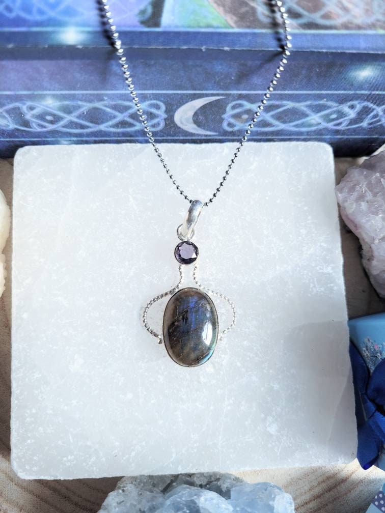 labradorite and amethyst necklace in 925 silver pendant crystal jewelry natural stone