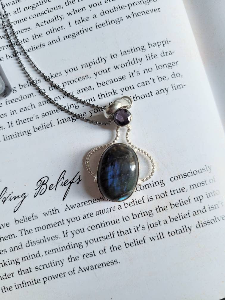 labradorite and amethyst necklace in 925 silver pendant crystal jewelry natural stone