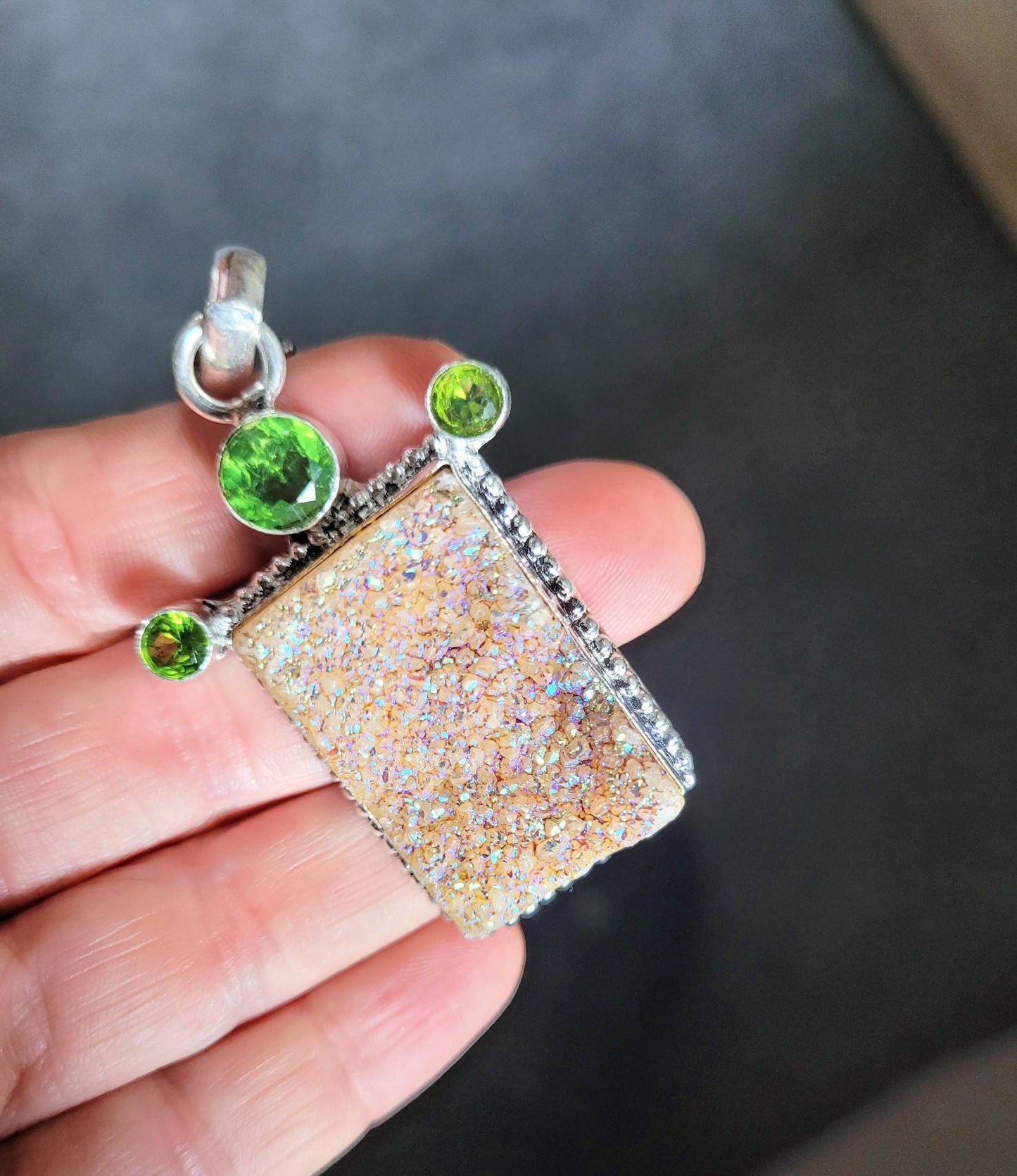 Druzy quartz necklace with peridot in 925 silver pendant natural stone crystal healing statement jewellery