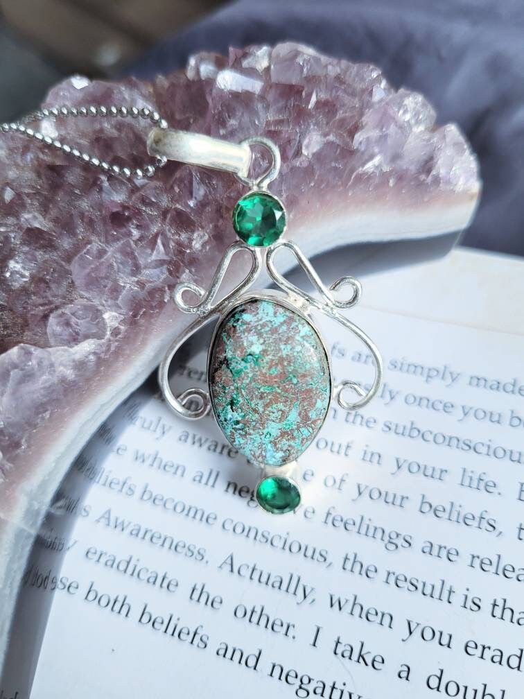 chrysocolla and green topaz necklace in 925 silver pendant crystal healing natural stone jewelry