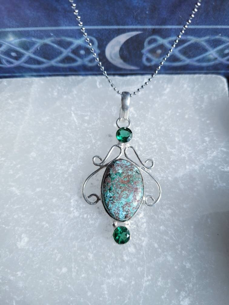 chrysocolla and green topaz necklace in 925 silver pendant crystal healing natural stone jewelry