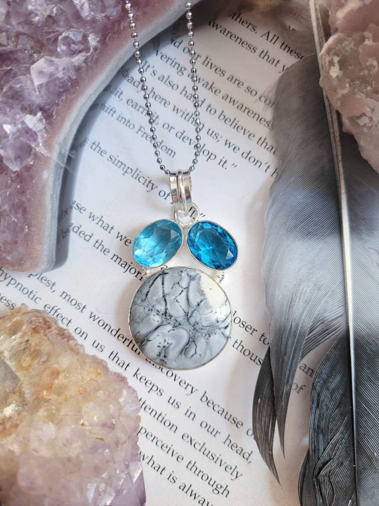 Pinolth necklace blue topaz 925 silver pendant crystal healing natural stone gift fir her witchy jewellery