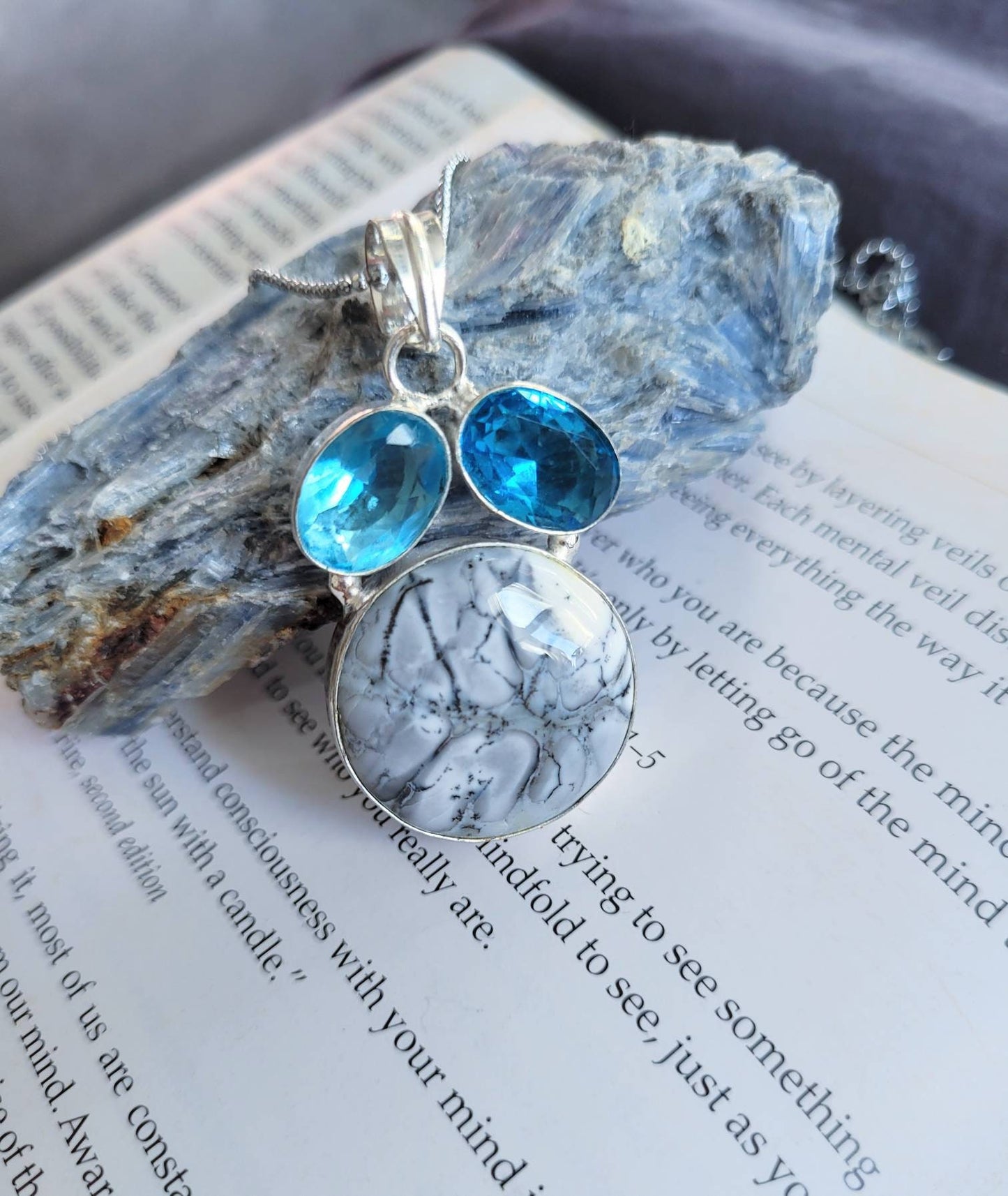 Pinolth necklace blue topaz 925 silver pendant crystal healing natural stone gift fir her witchy jewellery