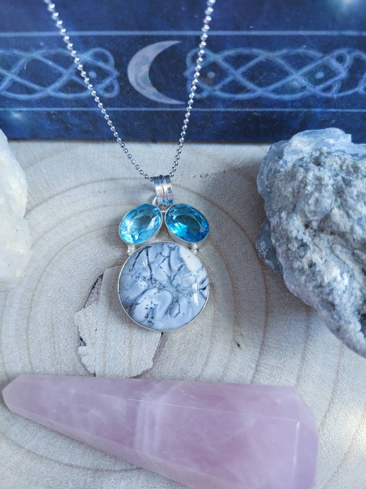 Pinolth necklace blue topaz 925 silver pendant crystal healing natural stone gift fir her witchy jewellery