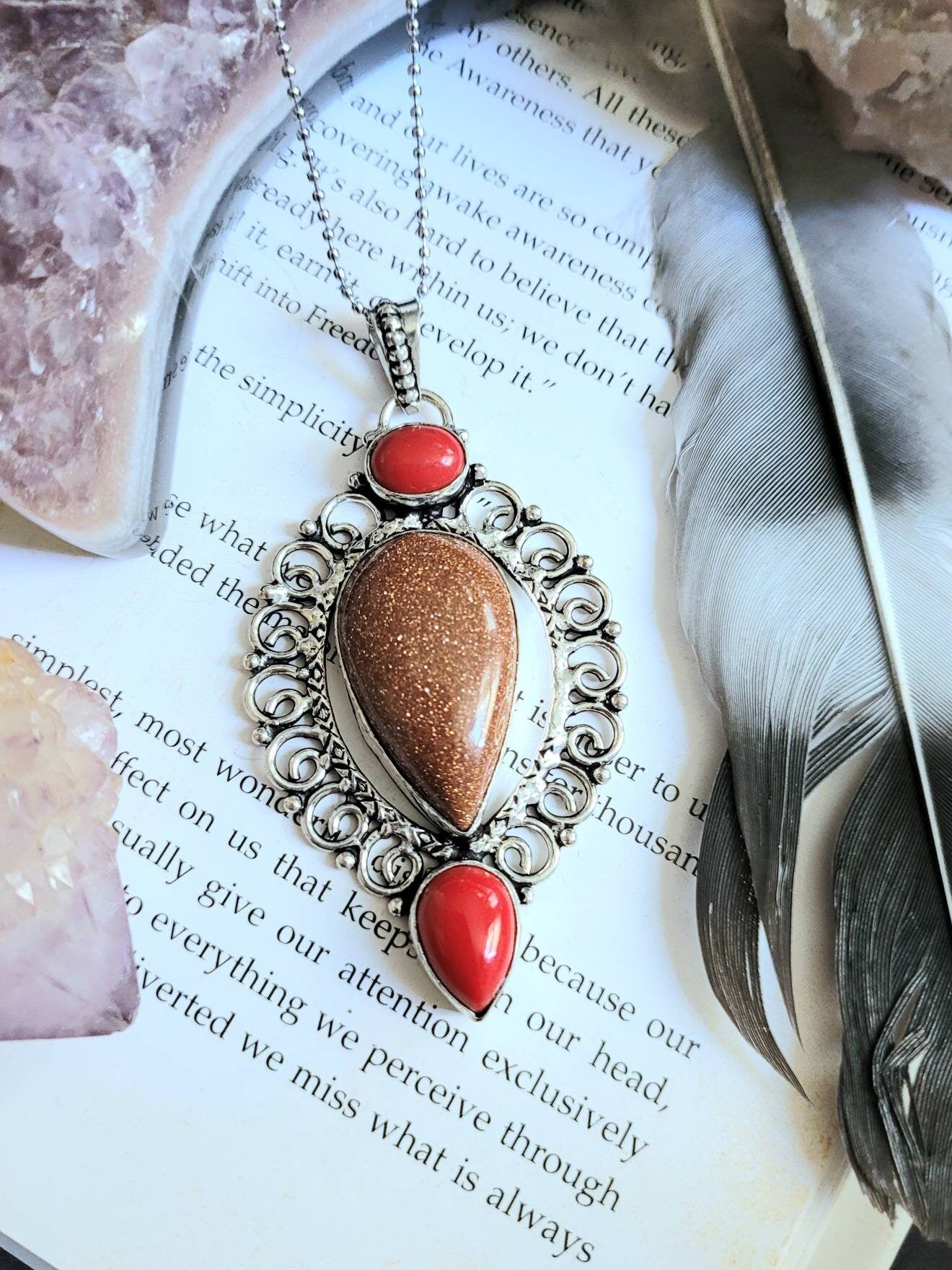 Red Goldstone and Red coral necklace pendant with 925 silver statement jewellery natural stone crystal healimg jewelry