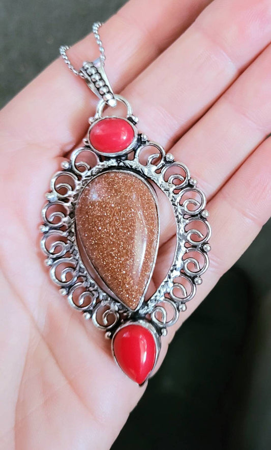 Red Goldstone and Red coral necklace pendant with 925 silver statement jewellery natural stone crystal healimg jewelry