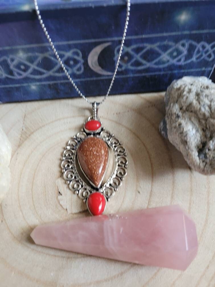 Red Goldstone and Red coral necklace pendant with 925 silver statement jewellery natural stone crystal healimg jewelry