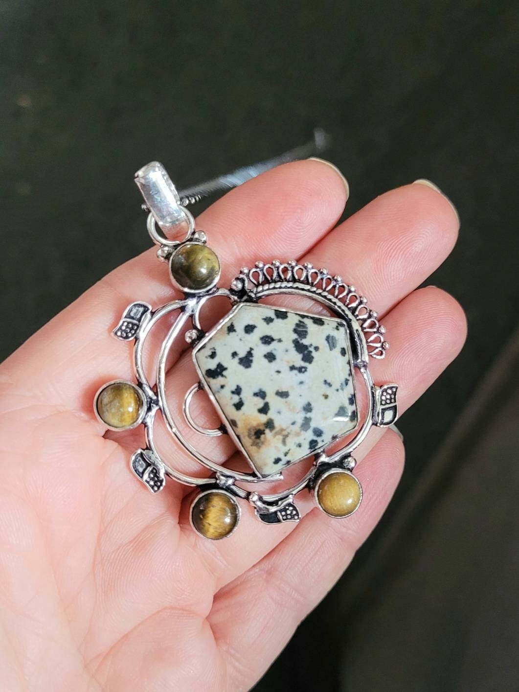 dalmation Jasper and tigers eye pendant necklace 925 silver witchy jewellery gift for him or her