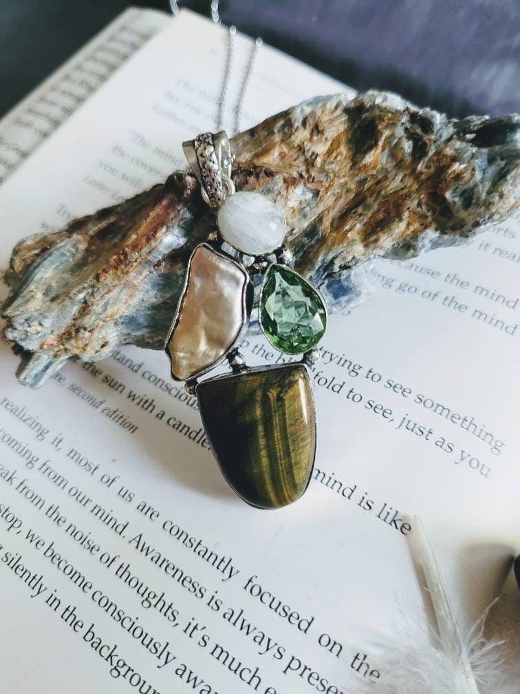 Tigers eye necklace with peridot moonstone and pearl 925 silver pendant crystal healing natural Stone