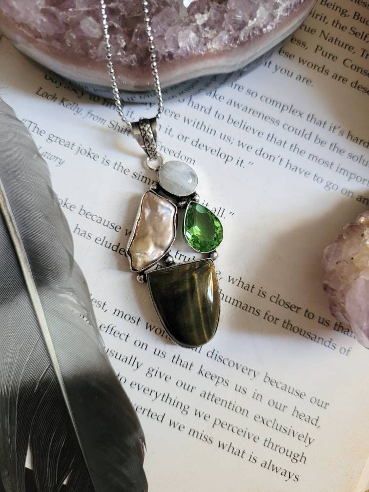 Tigers eye necklace with peridot moonstone and pearl 925 silver pendant crystal healing natural Stone