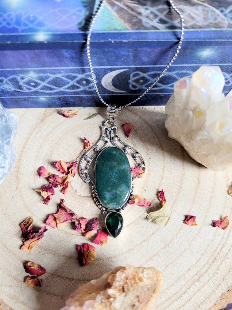 green moss agate and green quartz pendant necklace 925 silver statement jewellery natural stone