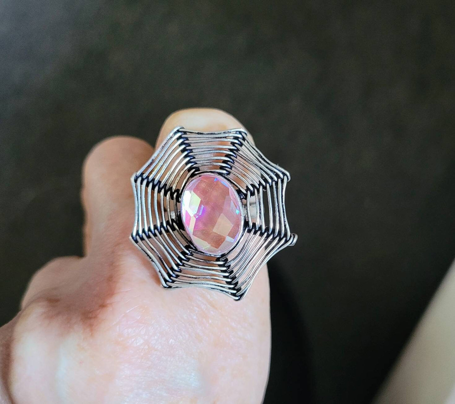 Pink mystic topaz ring in 925 silver crystal jewellery size 8.5/R spiders Web witchy statement ring