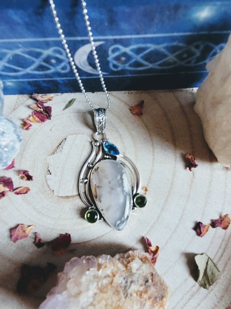 Dendritic agate and topaz necklace in 925 silver pendant statement jewellery natural Stone crystal