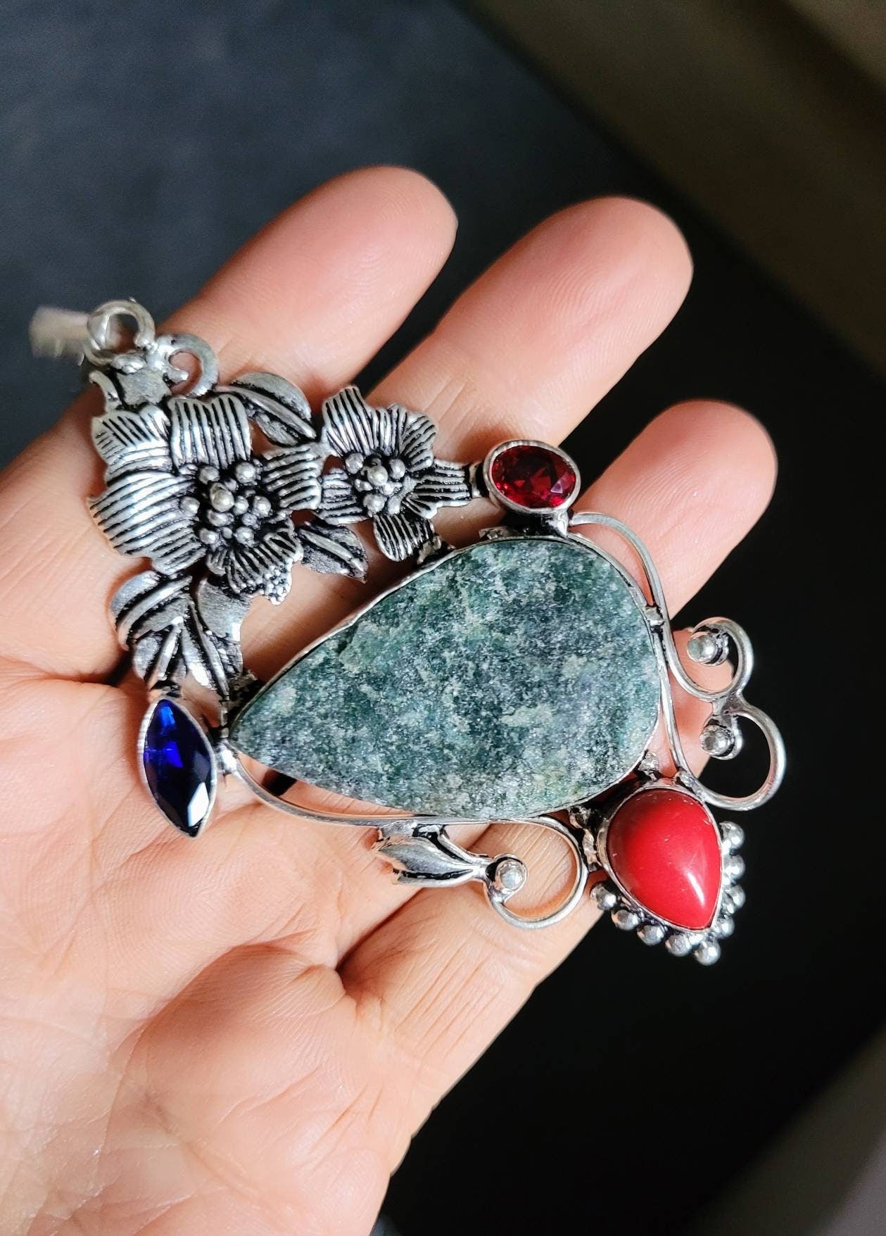 Fuchsite, red garnet , coral and topaz necklace in 925 silver pendant statement jewellery