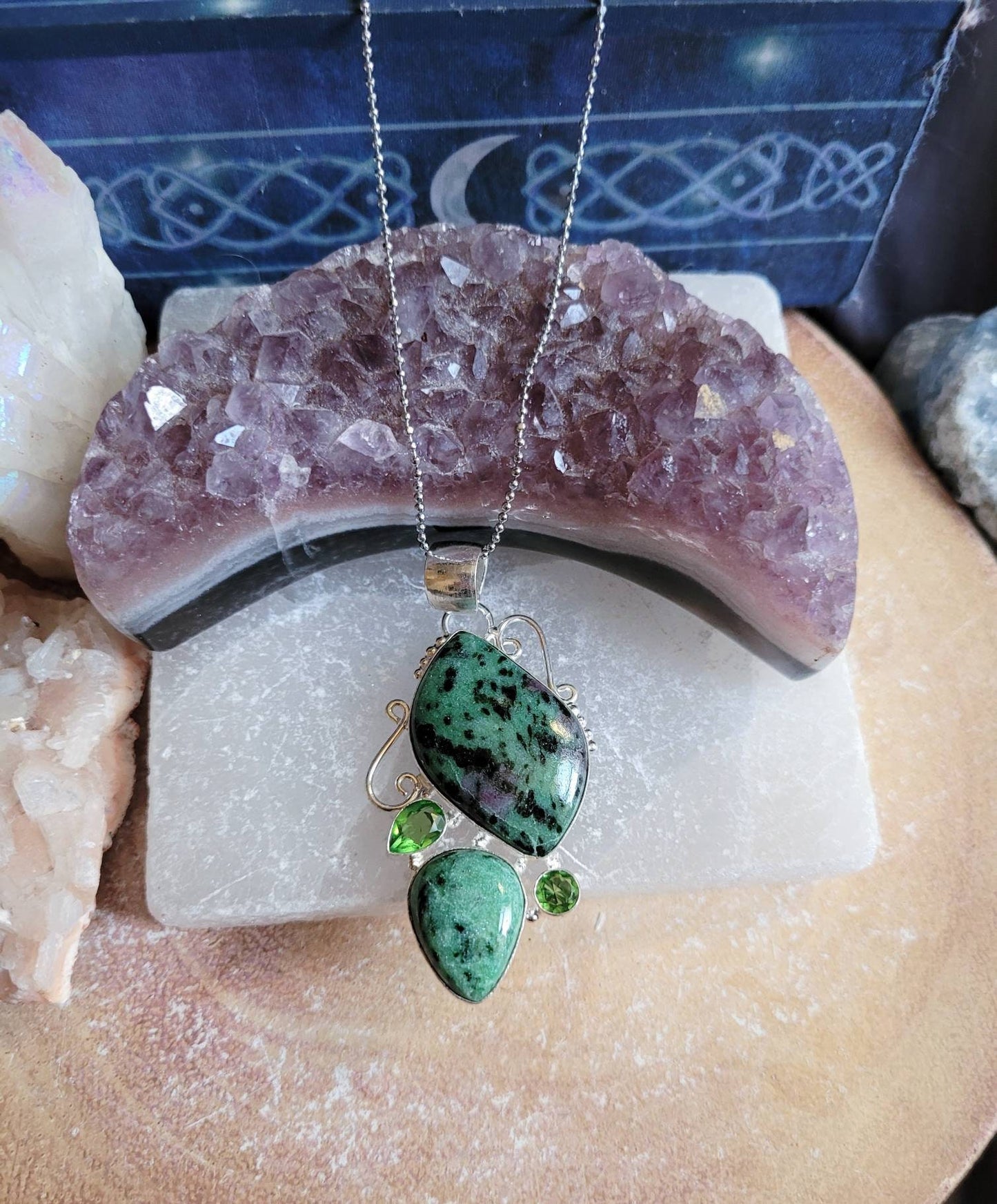 Ruby In Zoisite and peridot pendant in 925 silver Necklace Crystal healing natural stone epidote