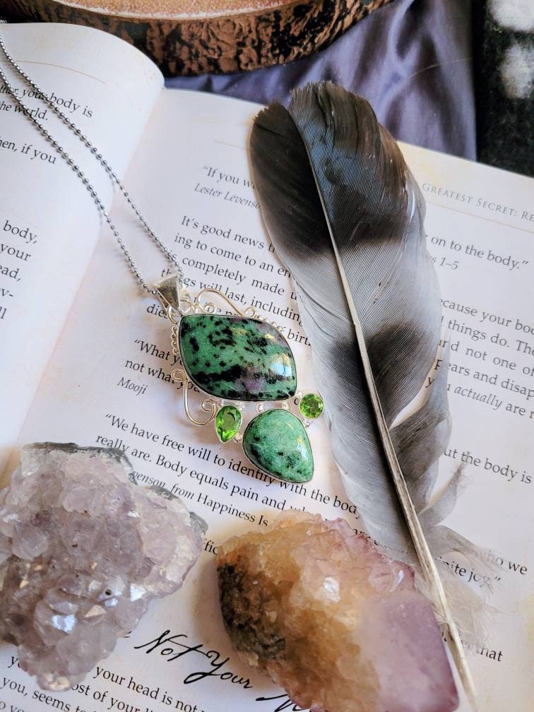 Ruby In Zoisite and peridot pendant in 925 silver Necklace Crystal healing natural stone epidote