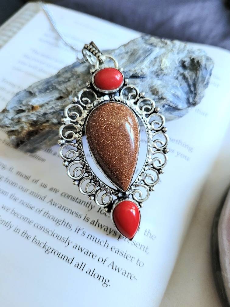 Red Goldstone and Red coral necklace pendant with 925 silver statement jewellery natural stone crystal healimg jewelry