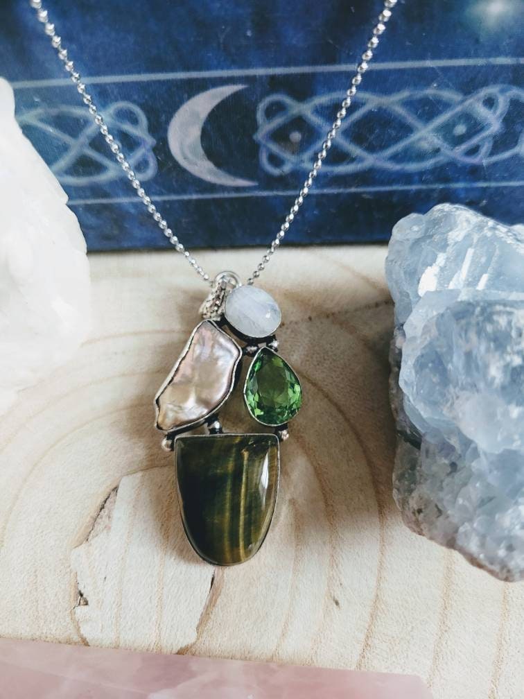 Tigers eye necklace with peridot moonstone and pearl 925 silver pendant crystal healing natural Stone