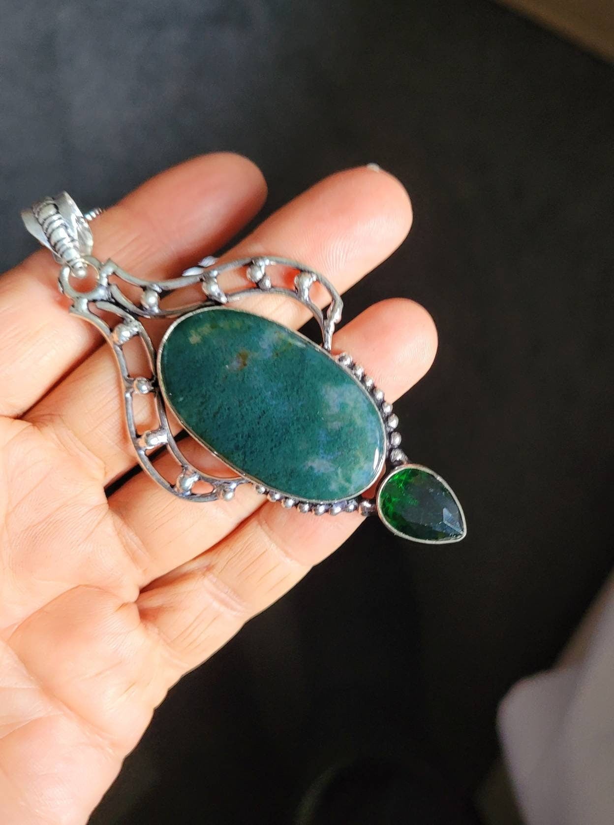 green moss agate and green quartz pendant necklace 925 silver statement jewellery natural stone