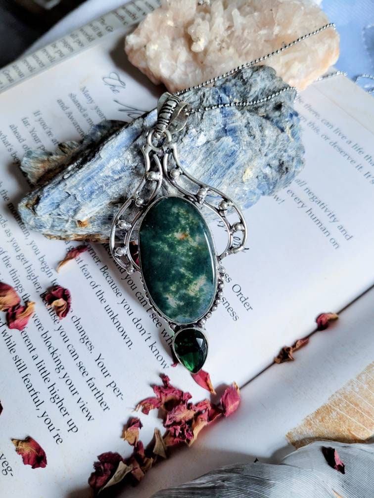 green moss agate and green quartz pendant necklace 925 silver statement jewellery natural stone