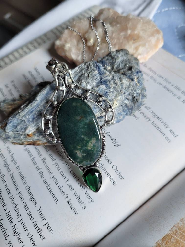 green moss agate and green quartz pendant necklace 925 silver statement jewellery natural stone