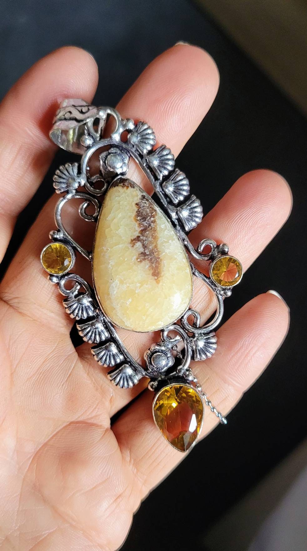 Septarian and citrine pendant necklace 925 silver crystal healing natural stone spiritual support